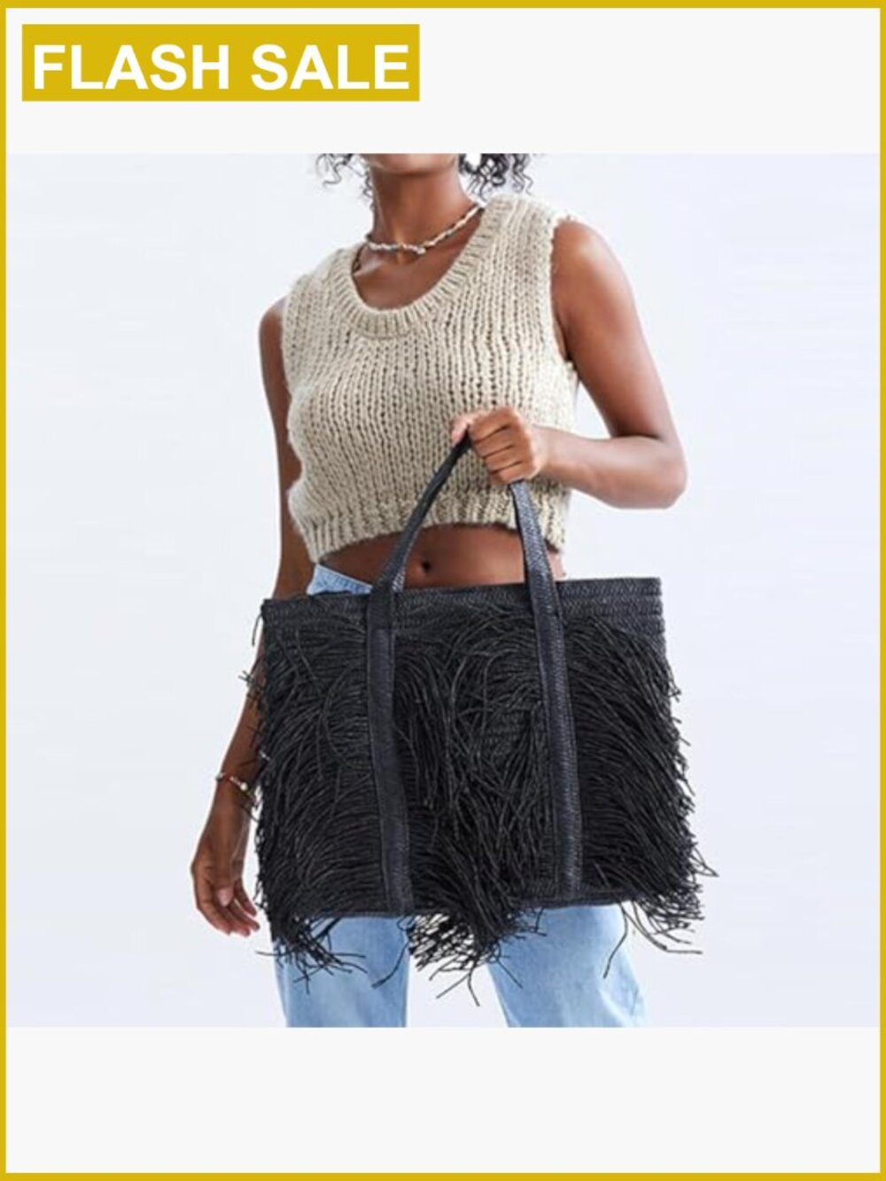 Woven Straw Tote Bag with Fringe Tassel Large Beach Shoulder Bag - Picture 4 of 7